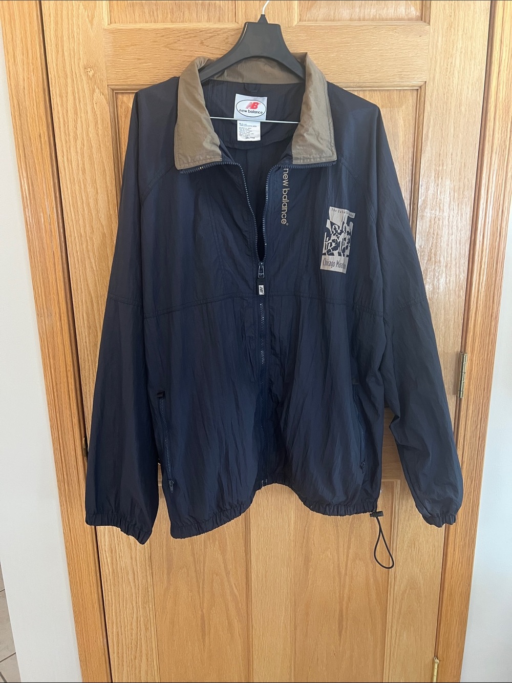 New Balance Chicago Marathon Navy Jacket with Tan Collar and Chest Graphic 1998